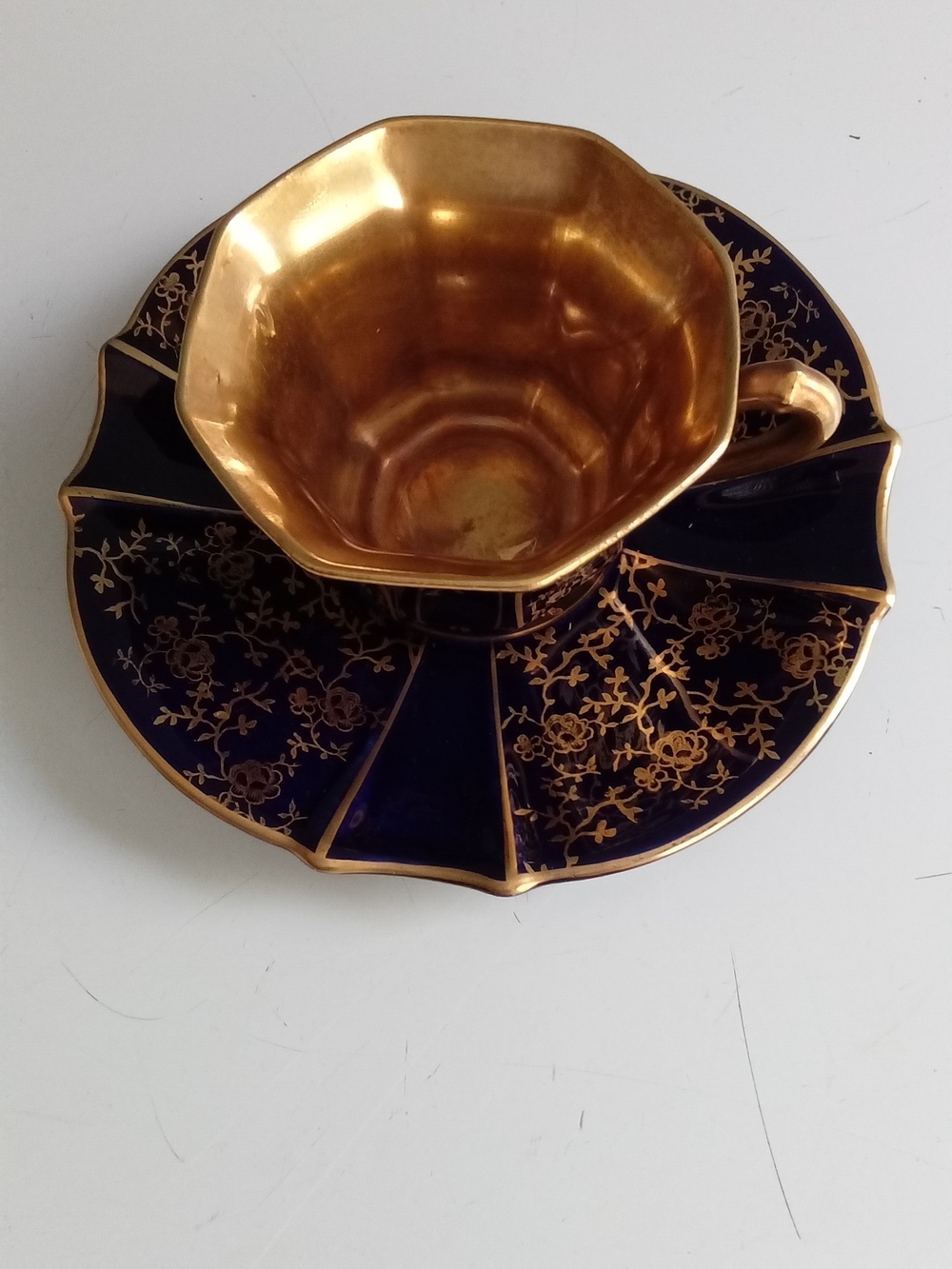 Cobalt Blue and Gold Tea Cup & Saucer Set - Luxurious Floral Accent